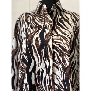 Brown & Ivory Zebra Print Button-Up Long Sleeve Blouse with Pleat Back